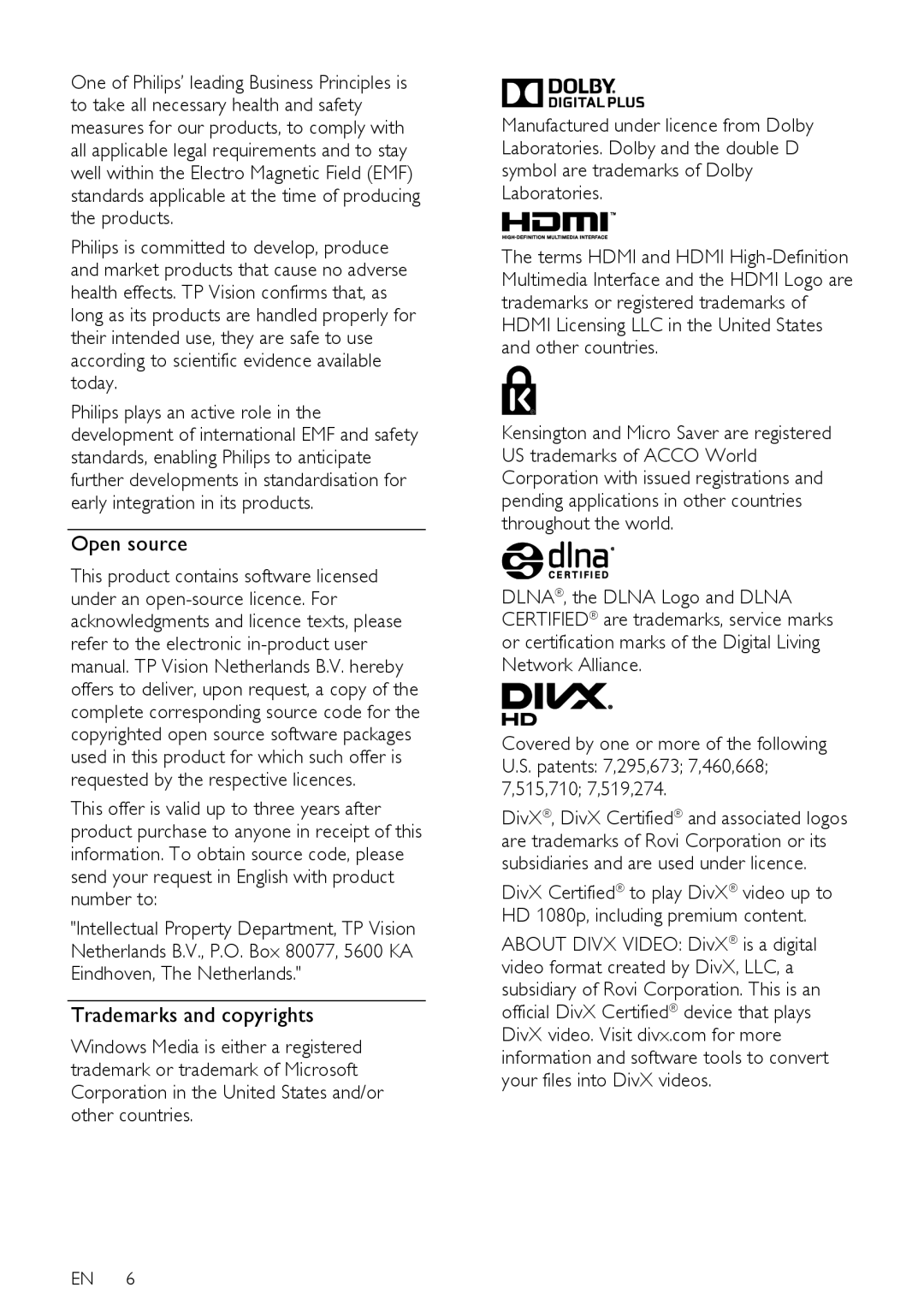 Philips 22PFL4208H/K/T, 24PFL42x8H/K/T user manual Open source, Trademarks and copyrights 