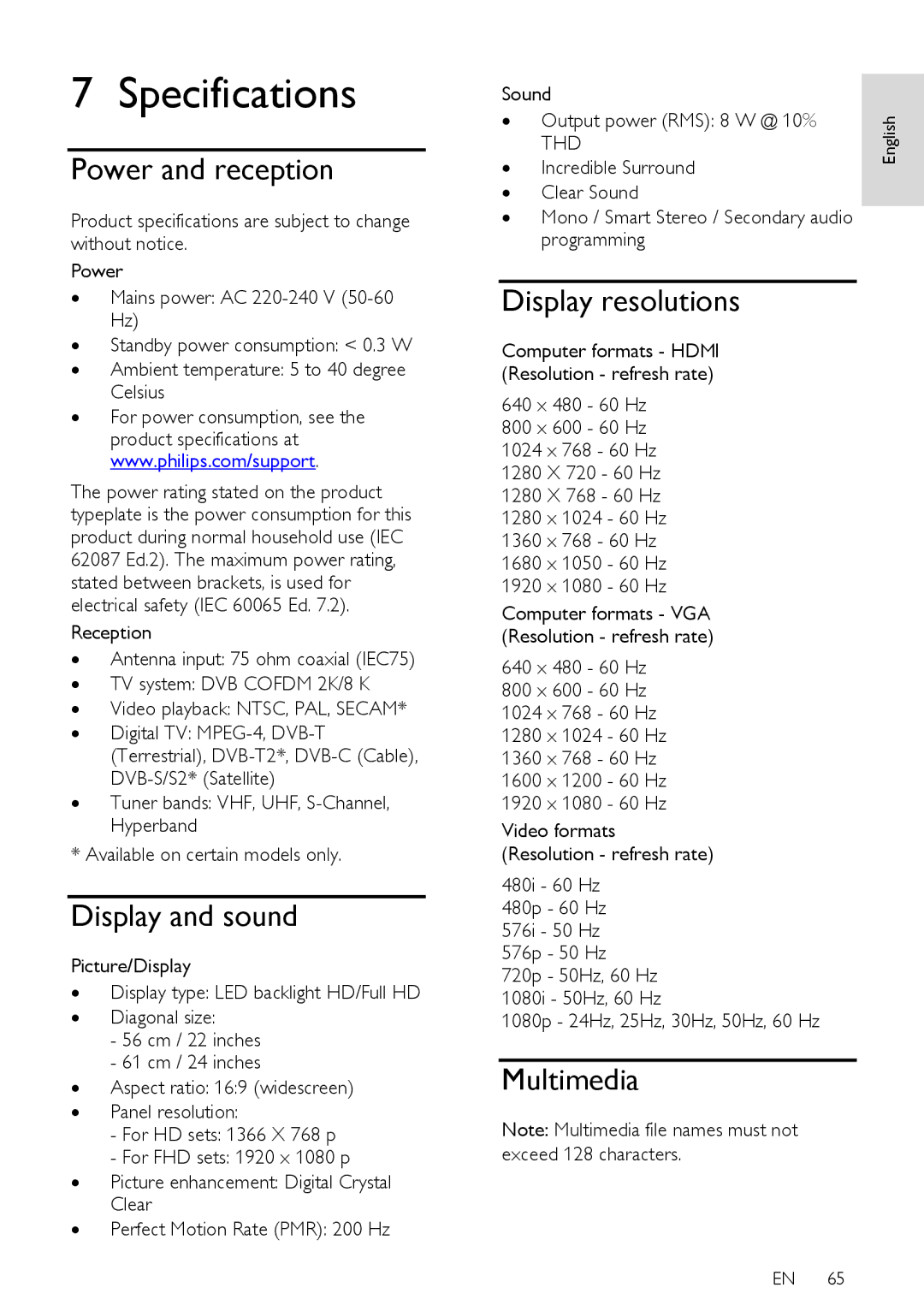 Philips 24PFL42x8H/K/T, 22PFL4208H/K/T user manual Power and reception, Display and sound, Display resolutions, Multimedia 