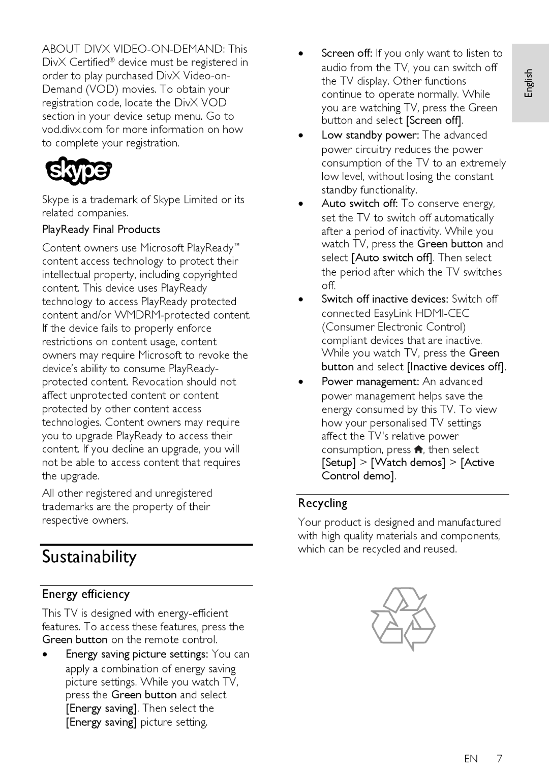 Philips 24PFL42x8H/K/T, 22PFL4208H/K/T user manual Sustainability, Energy efficiency, Recycling 