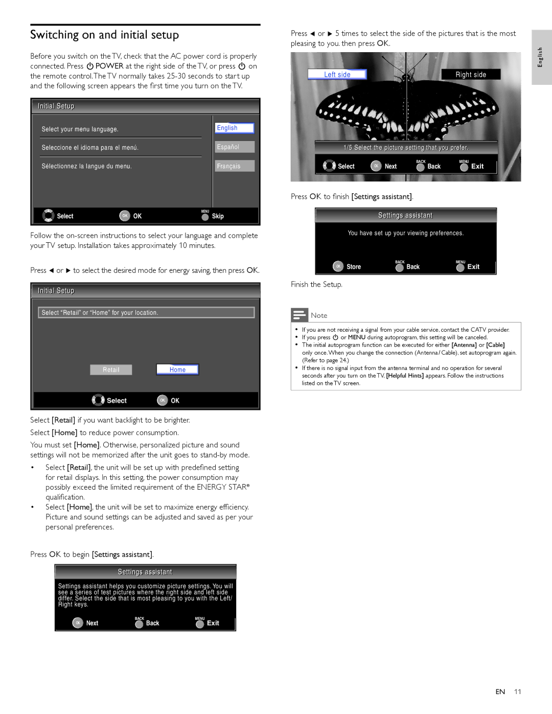 Philips 22PFL4505D, 19PFL4505D Switching on and initial setup, Press OK to ﬁnish Settings assistant, Finish the Setup 