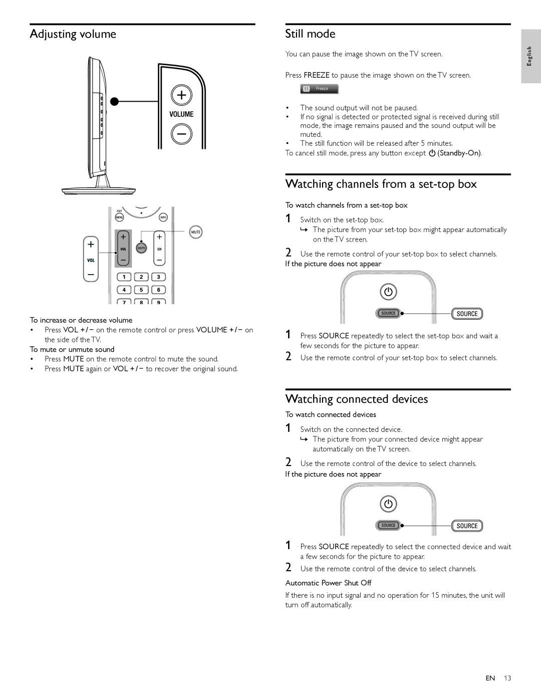 Philips 22PFL4505D Adjusting volume, Still mode, Watching channels from a set-top box, Watching connected devices 