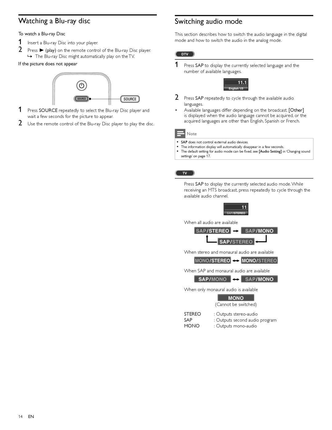 Philips 19PFL4505D, 22PFL4505D user manual Watching a Blu-ray disc, Switching audio mode 