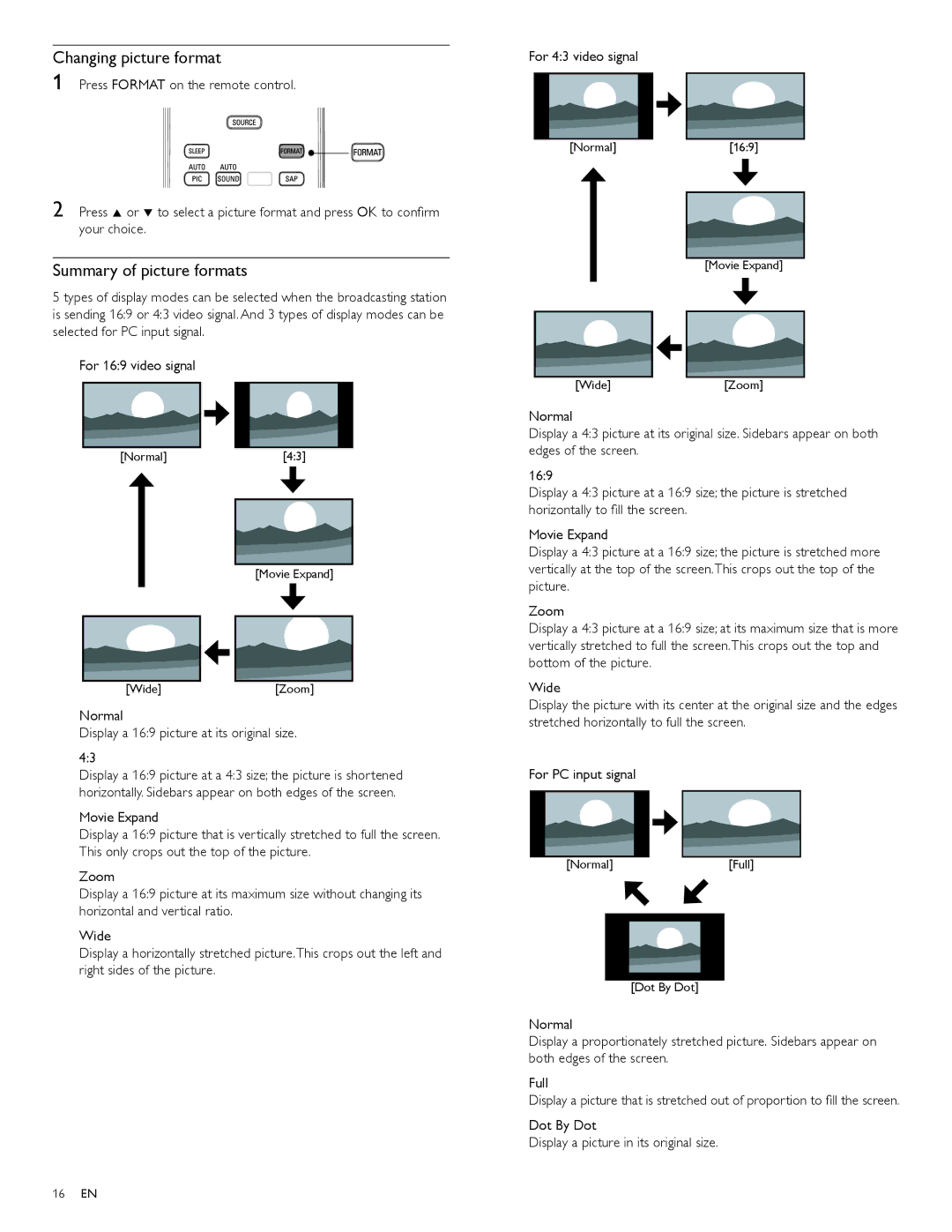 Philips 19PFL4505D Changing picture format, Summary of picture formats, Normal Display a 169 picture at its original size 