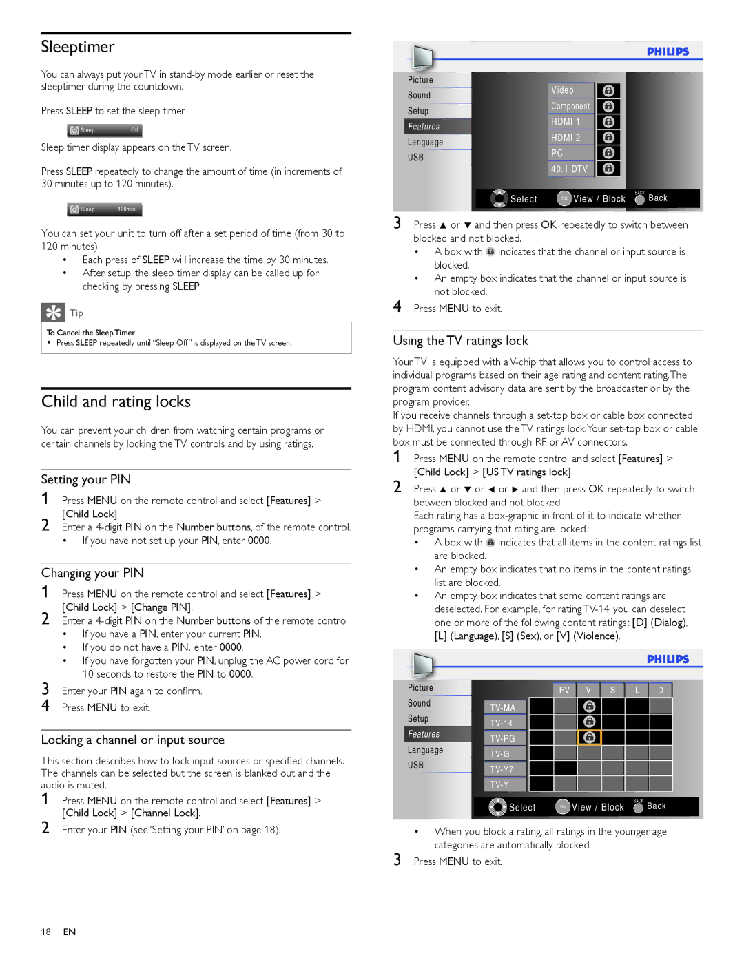 Philips 19PFL4505D, 22PFL4505D user manual Sleeptimer, Child and rating locks 