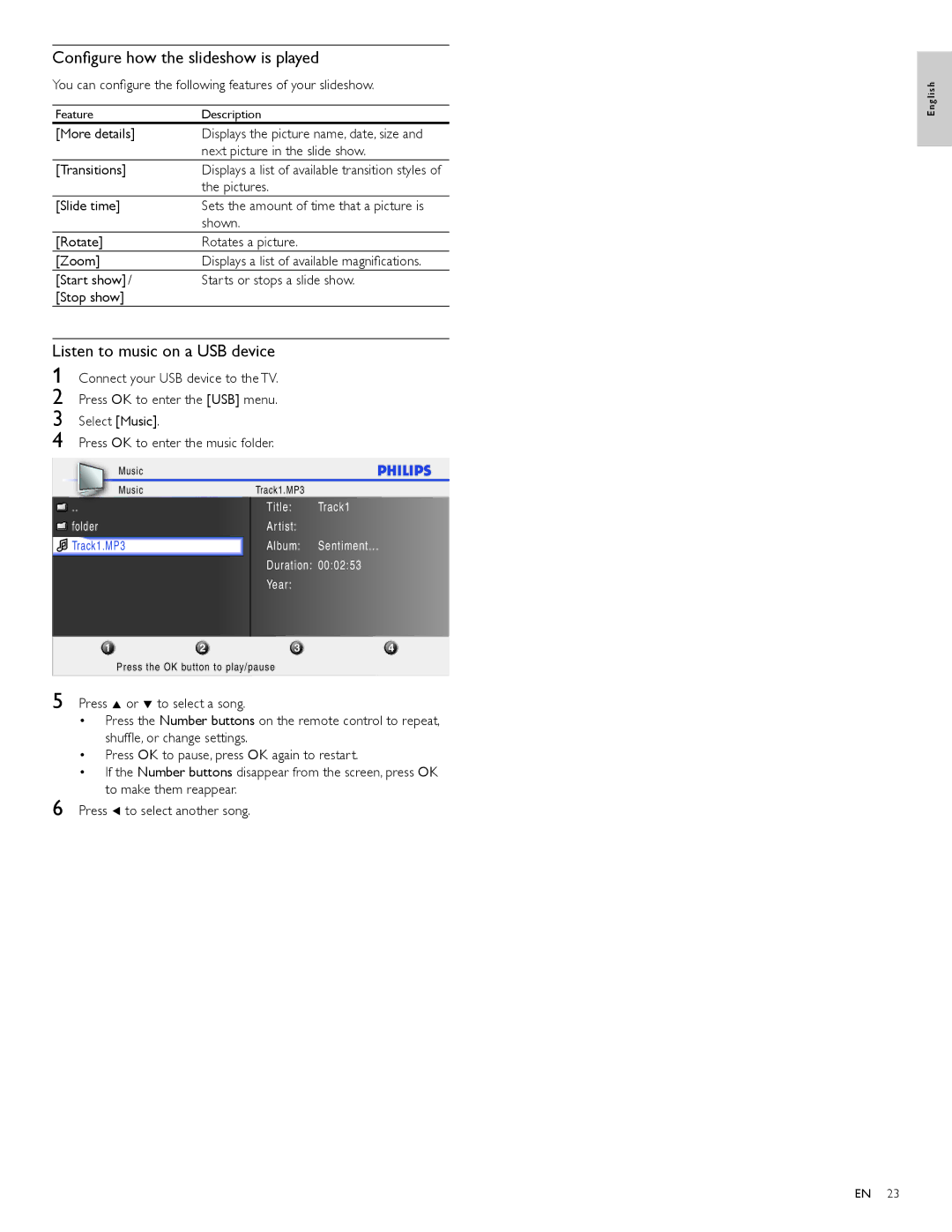 Philips 22PFL4505D, 19PFL4505D user manual Conﬁgure how the slideshow is played, Listen to music on a USB device 