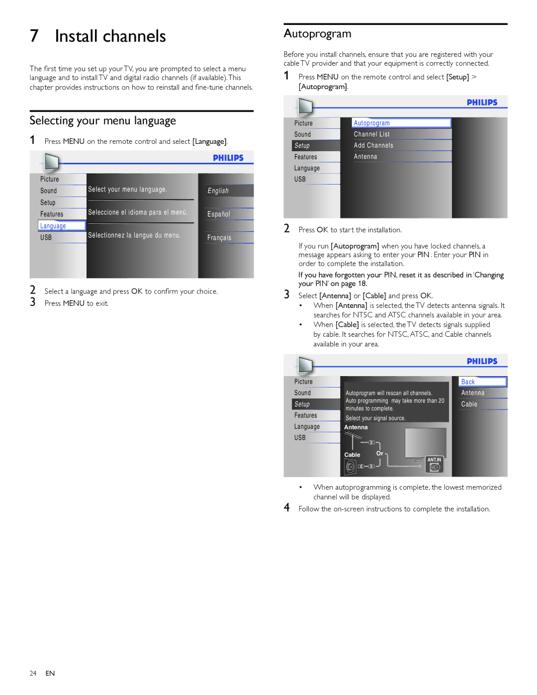 Philips 19PFL4505D Install channels, Selecting your menu language, Autoprogram, Press OK to start the installation 