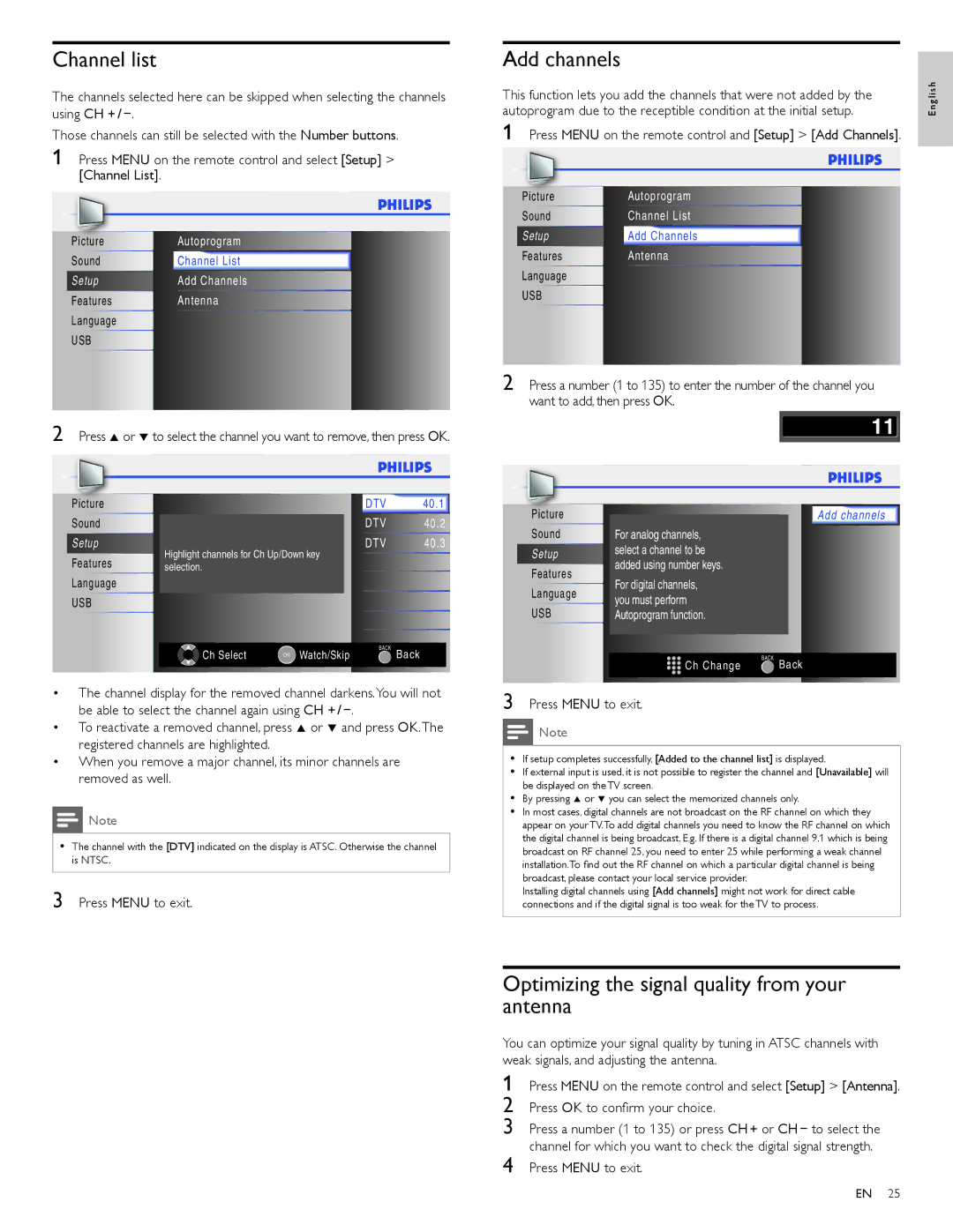 Philips 22PFL4505D, 19PFL4505D user manual Channel list, Add channels, Optimizing the signal quality from your antenna 