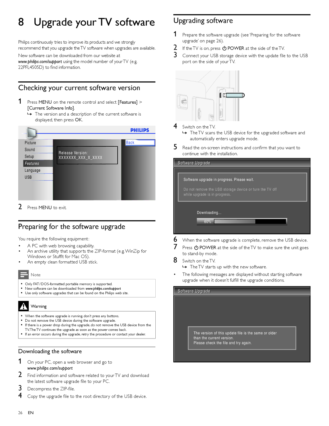 Philips 19PFL4505D Upgrade your TV software, Checking your current software version, Preparing for the software upgrade 