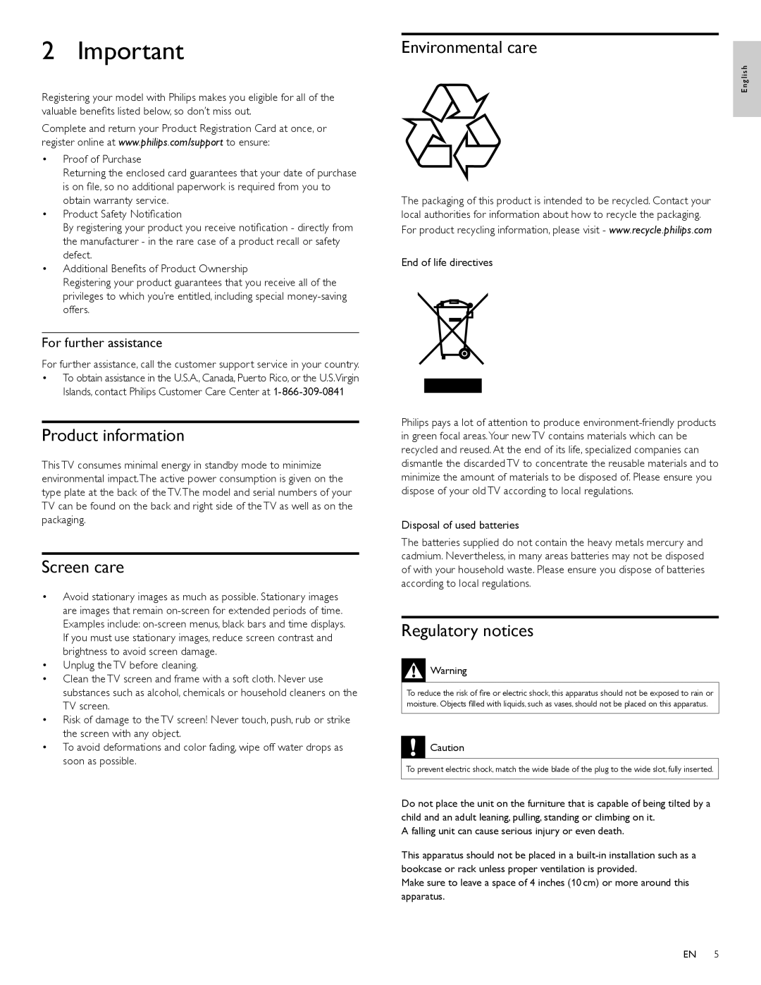 Philips 22PFL4505D Product information, Screen care, Environmental care, Regulatory notices, For further assistance 