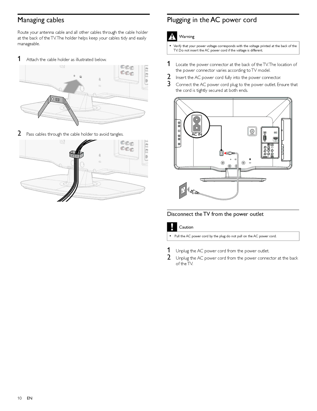 Philips 22PFL4505D user manual Managing cables, Plugging in the AC power cord, Disconnect the TV from the power outlet 