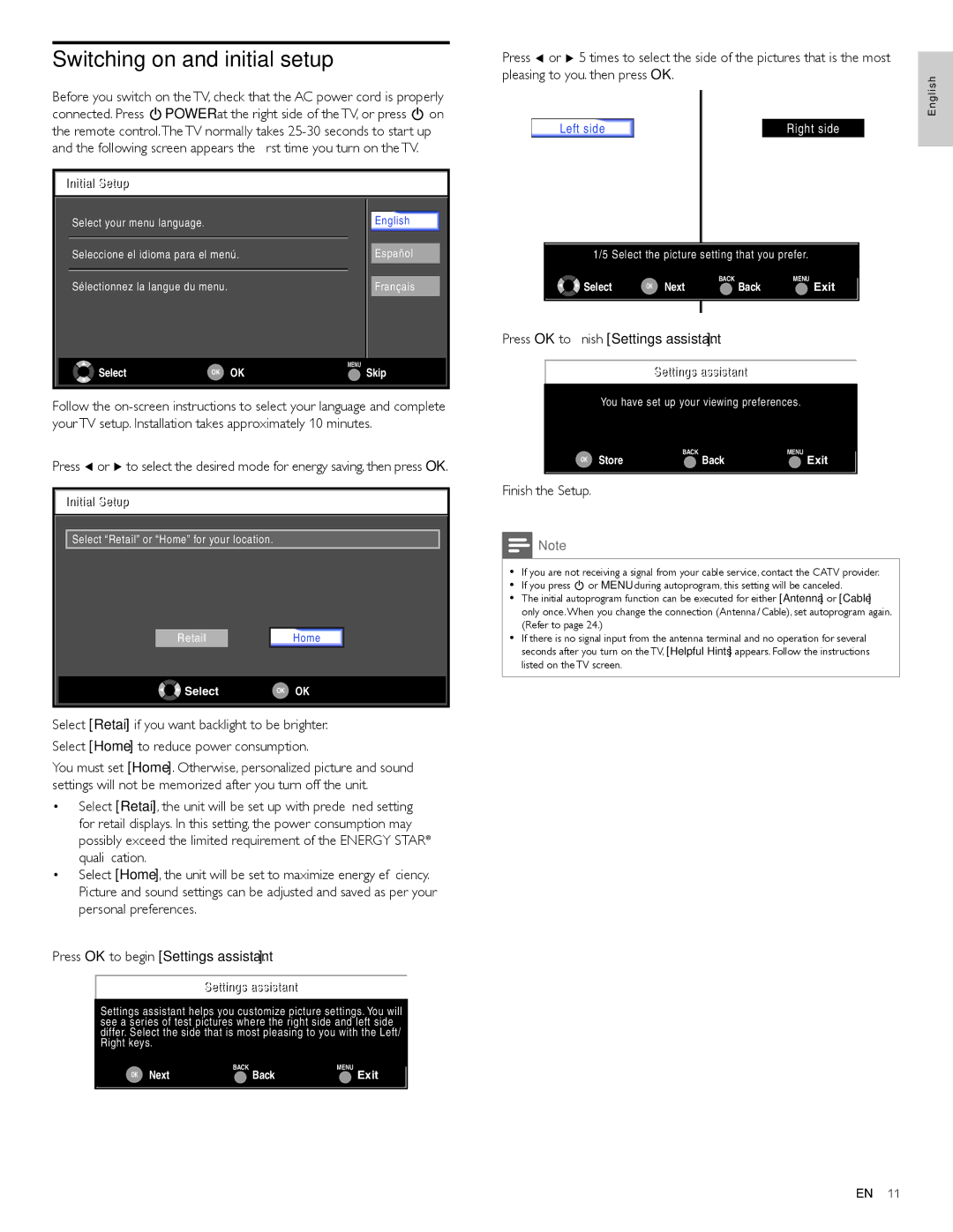 Philips 22PFL4505D user manual Switching on and initial setup, Press OK to ﬁnish Settings assistant, Finish the Setup 