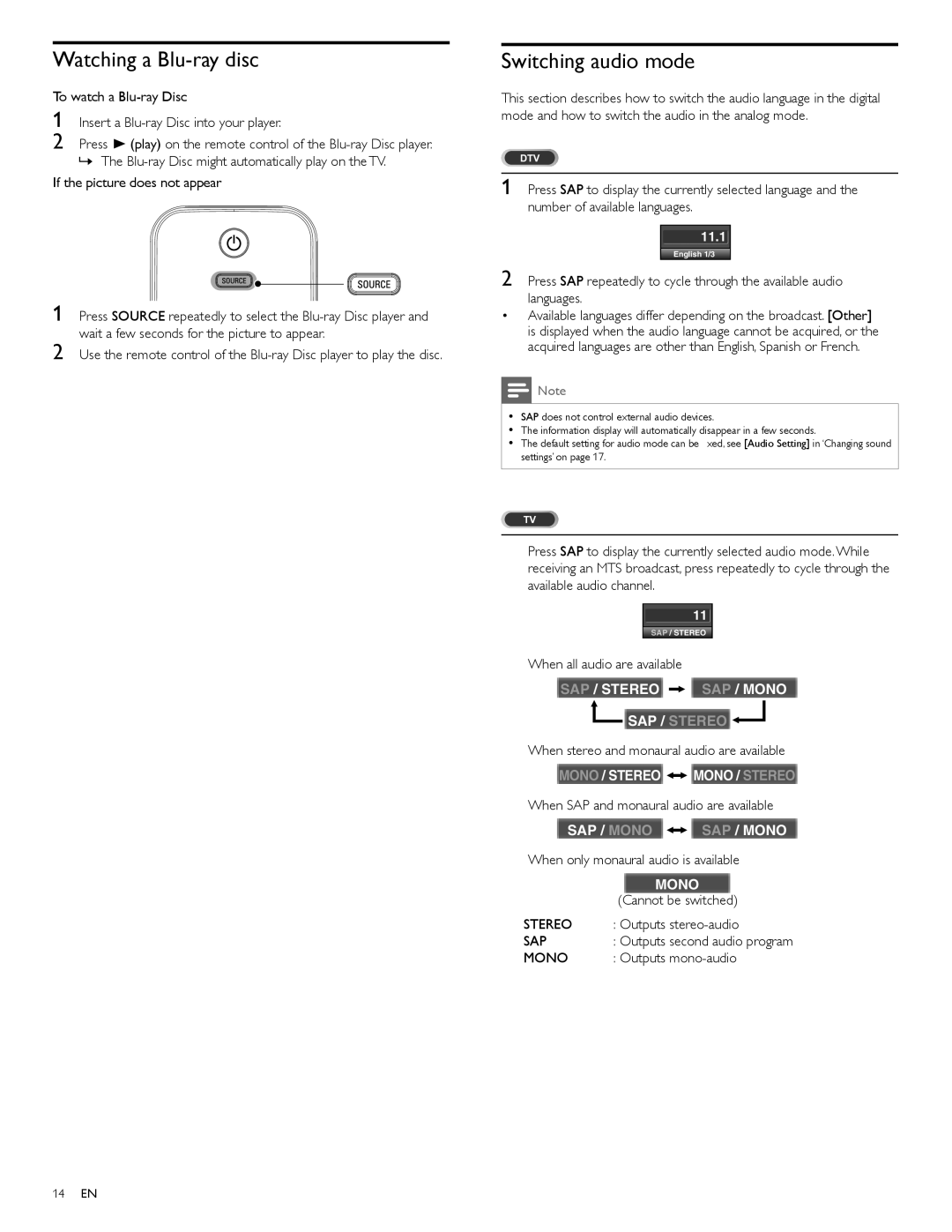 Philips 22PFL4505D user manual Watching a Blu-ray disc, Switching audio mode 