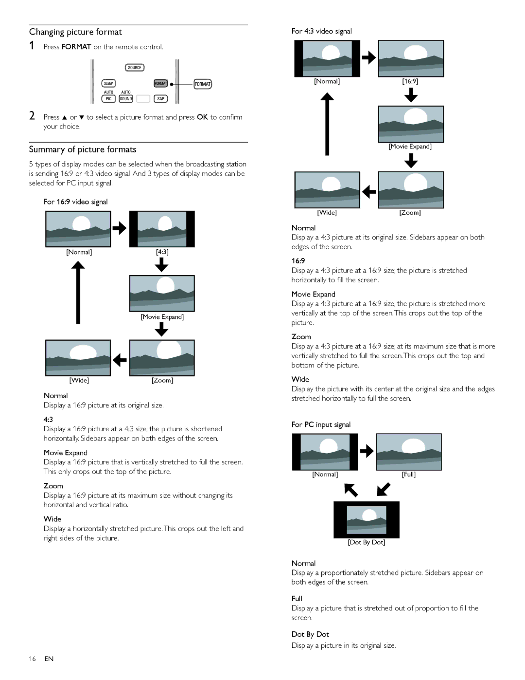 Philips 22PFL4505D Changing picture format, Summary of picture formats, Normal Display a 169 picture at its original size 