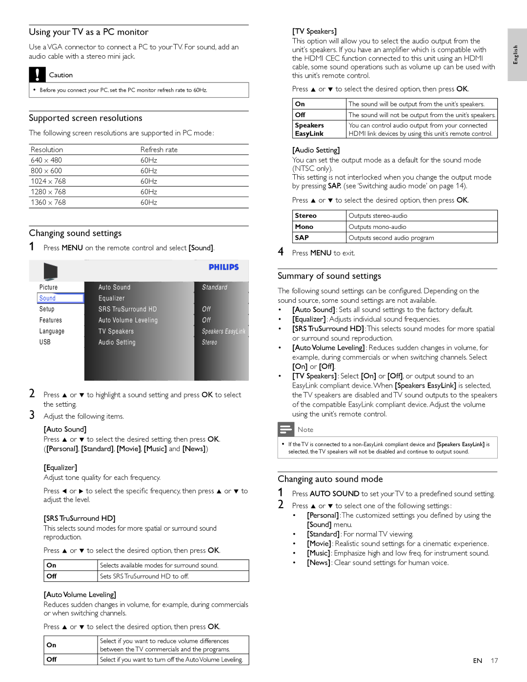 Philips 22PFL4505D user manual Using your TV as a PC monitor, Supported screen resolutions, Changing sound settings 