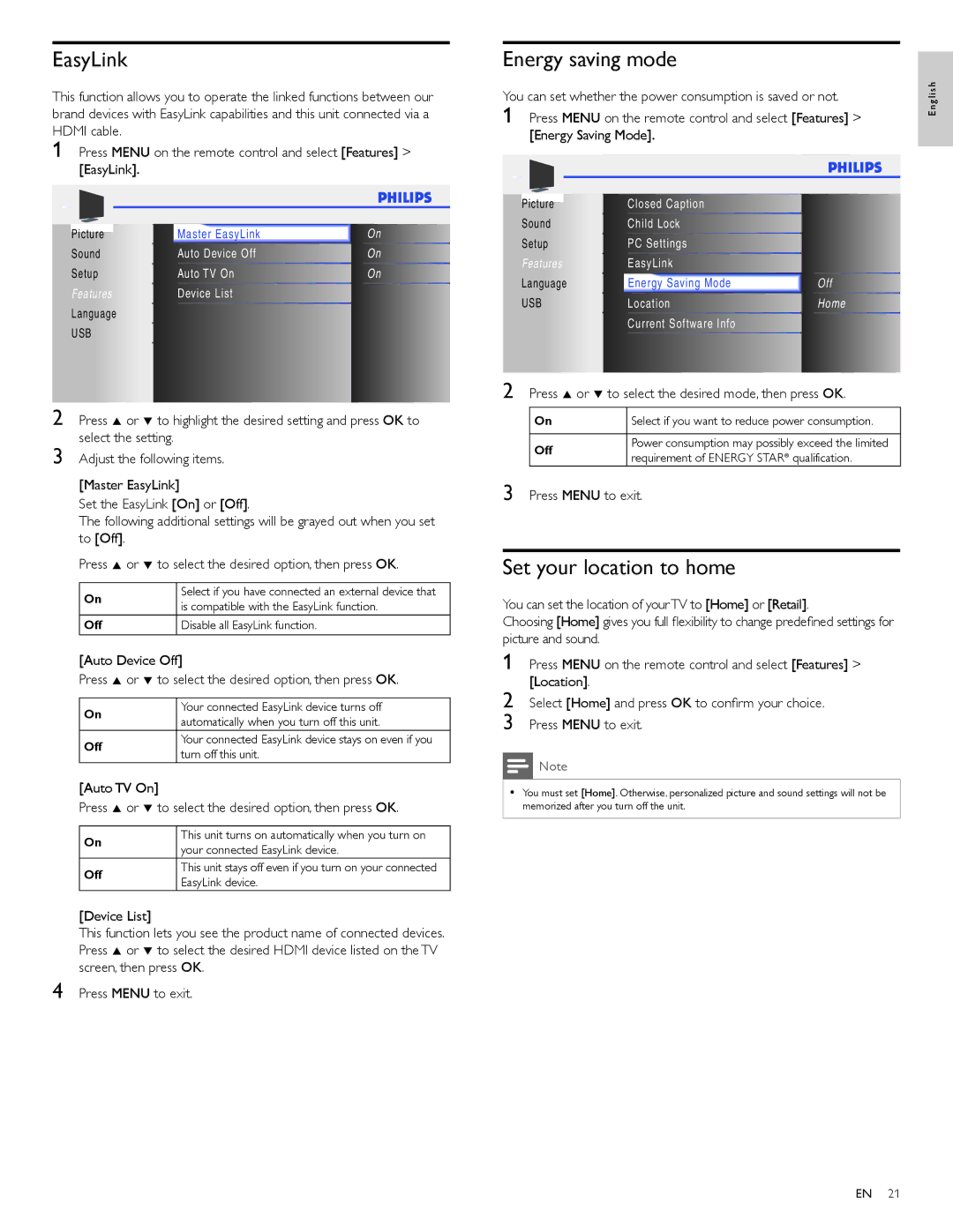 Philips 22PFL4505D user manual EasyLink, Energy saving mode, Set your location to home 