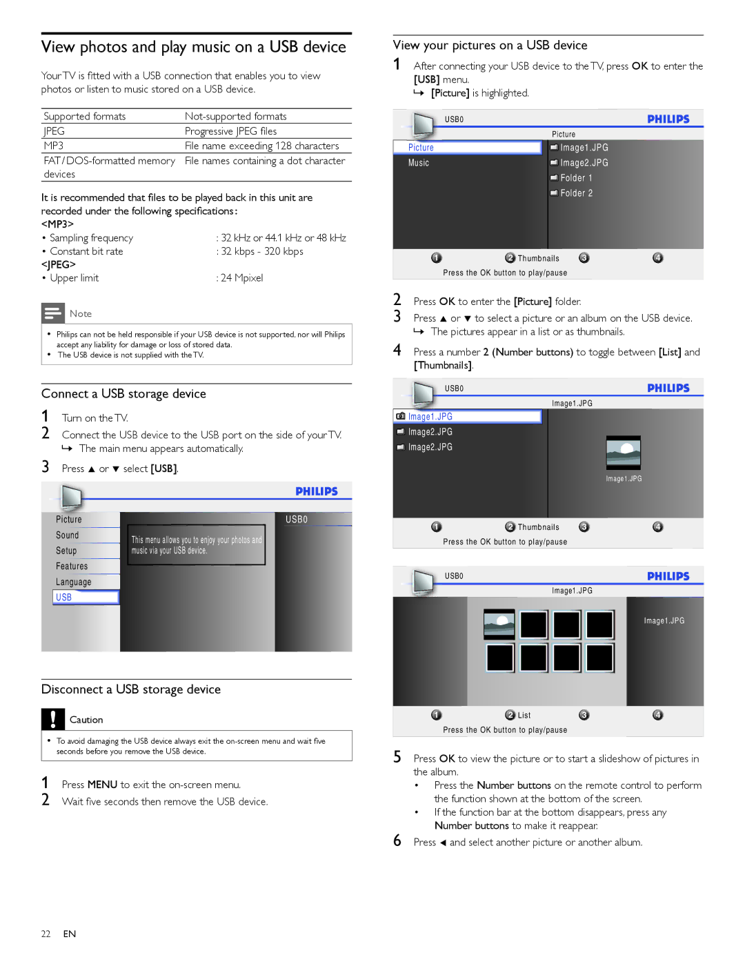 Philips 22PFL4505D user manual View photos and play music on a USB device, Connect a USB storage device 