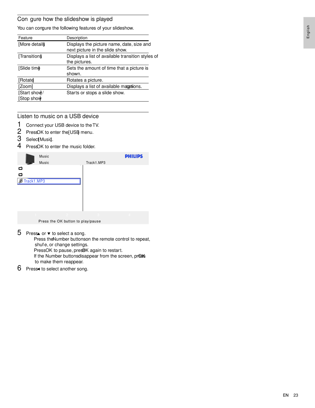 Philips 22PFL4505D user manual Conﬁgure how the slideshow is played, Listen to music on a USB device 