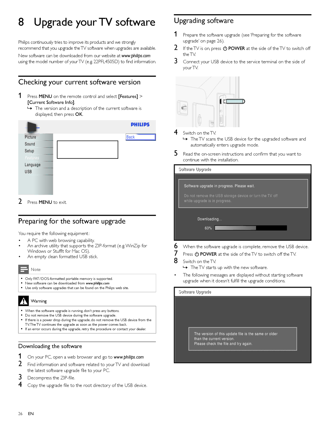 Philips 22PFL4505D Upgrade your TV software, Checking your current software version, Preparing for the software upgrade 