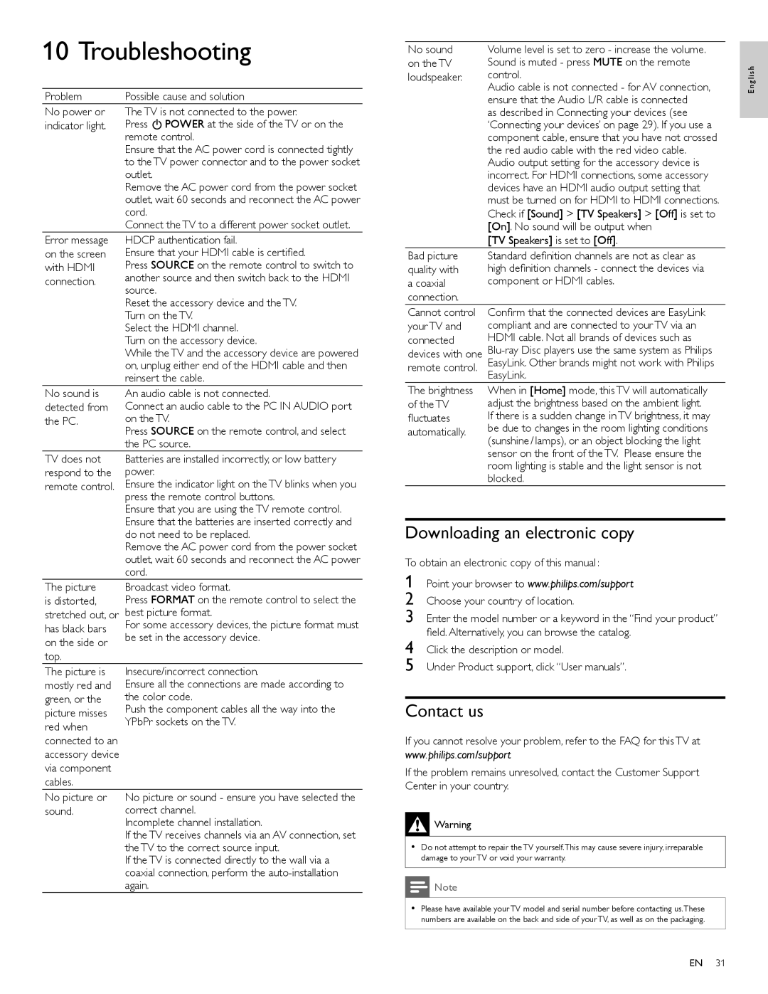 Philips 22PFL4505D user manual Troubleshooting, Downloading an electronic copy, Contact us 