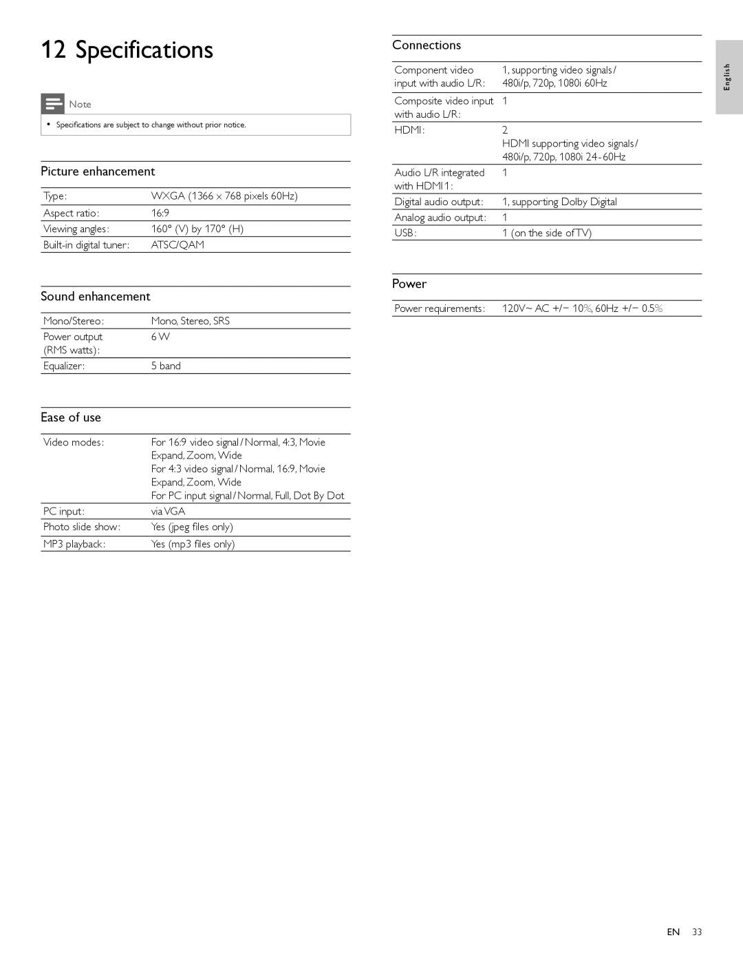 Philips 22PFL4505D user manual Specifications 