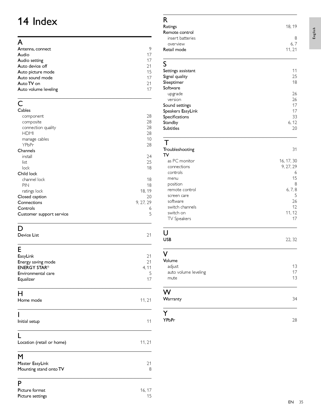 Philips 22PFL4505D user manual Index, Energy Star 