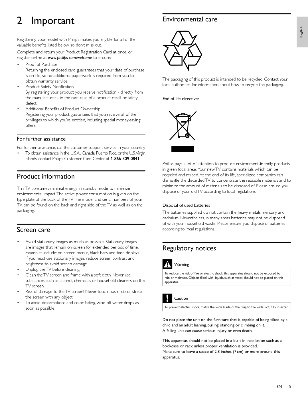 Philips 22PFL4505D Product information, Screen care, Environmental care, Regulatory notices, For further assistance 