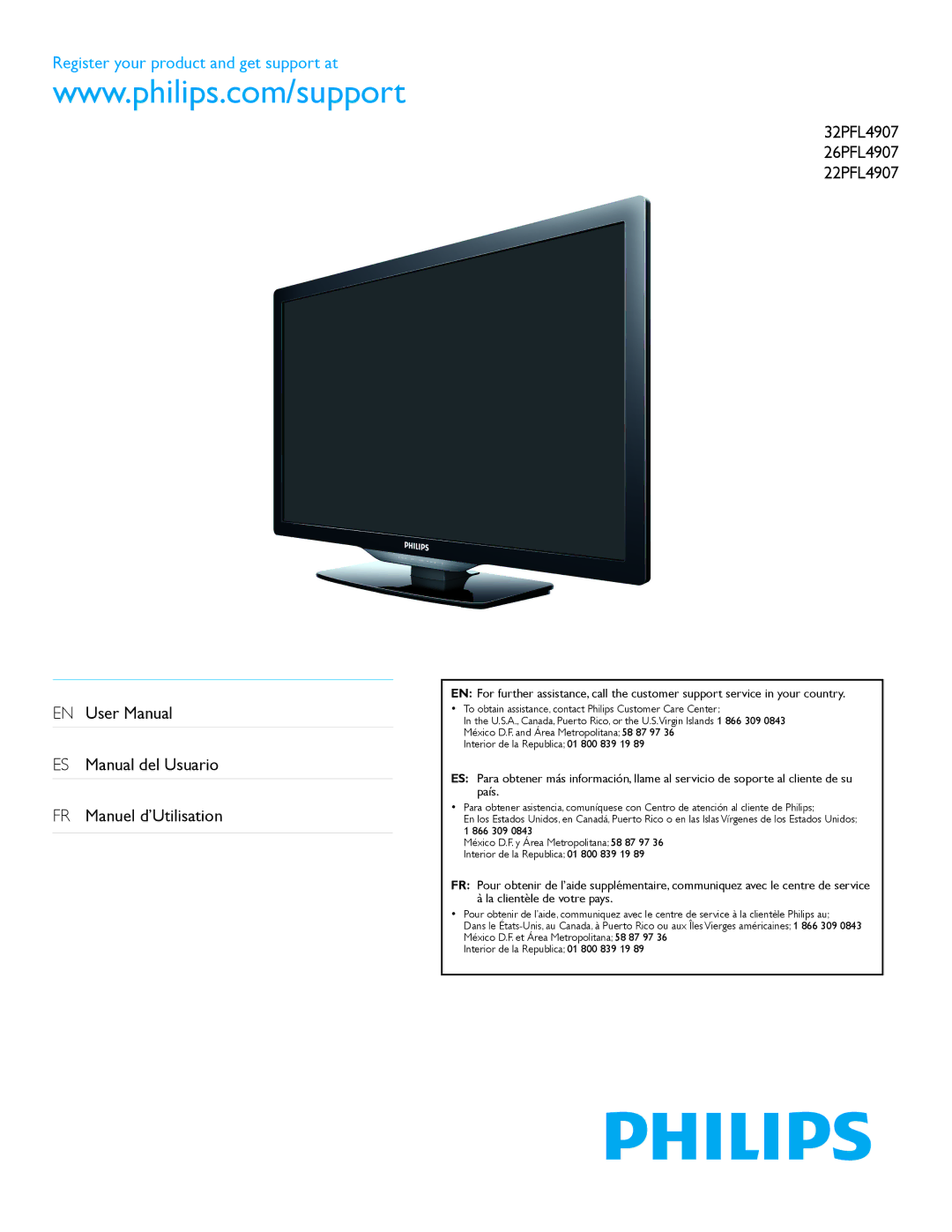 Philips 26PFL4907, 22PFL4907, 32PFL4907 user manual Register your product and get support at 