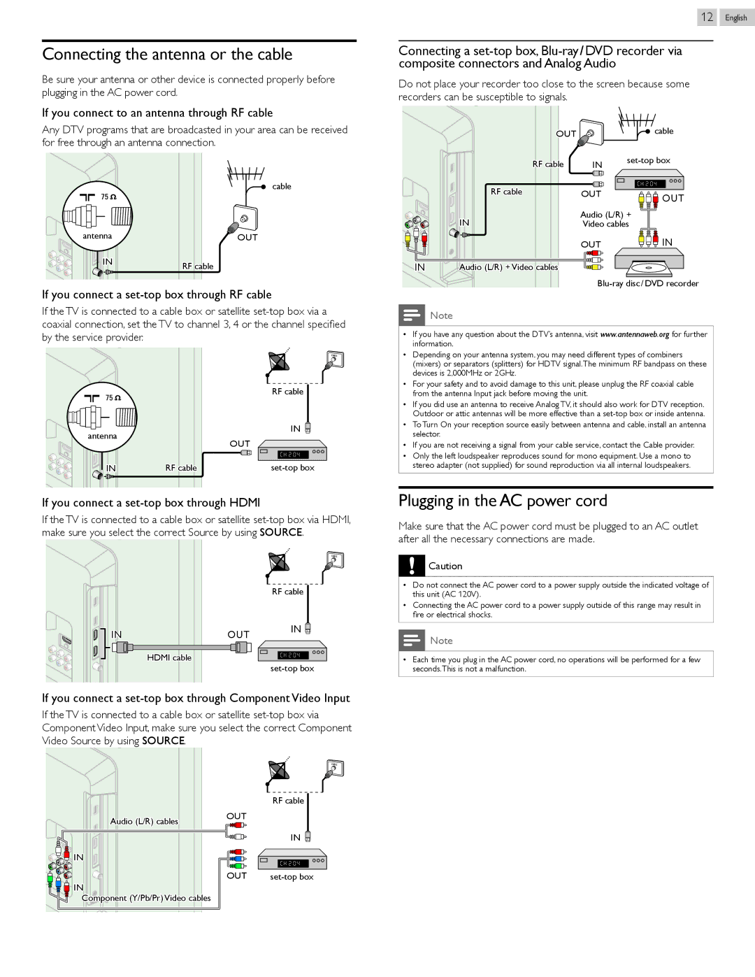 Philips 22PFL4907, 26PFL4907, 32PFL4907 user manual Connecting the antenna or the cable, Plugging in the AC power cord 