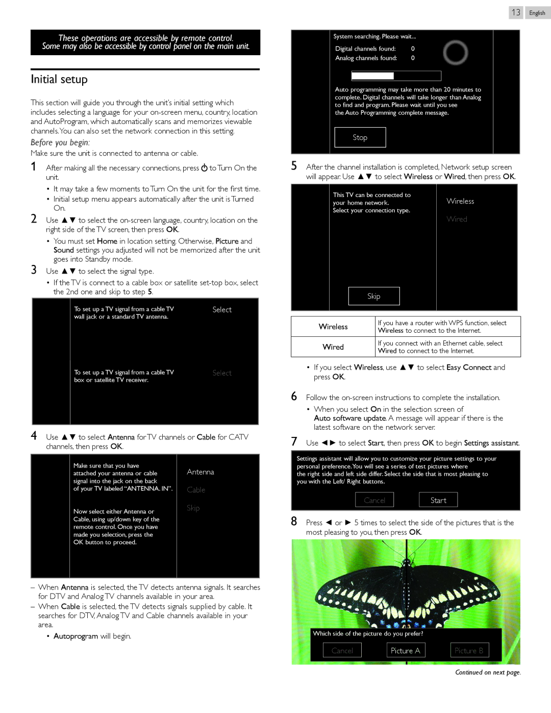 Philips 26PFL4907, 22PFL4907, 32PFL4907 user manual Initial setup, Stop, Skip, Wireless 