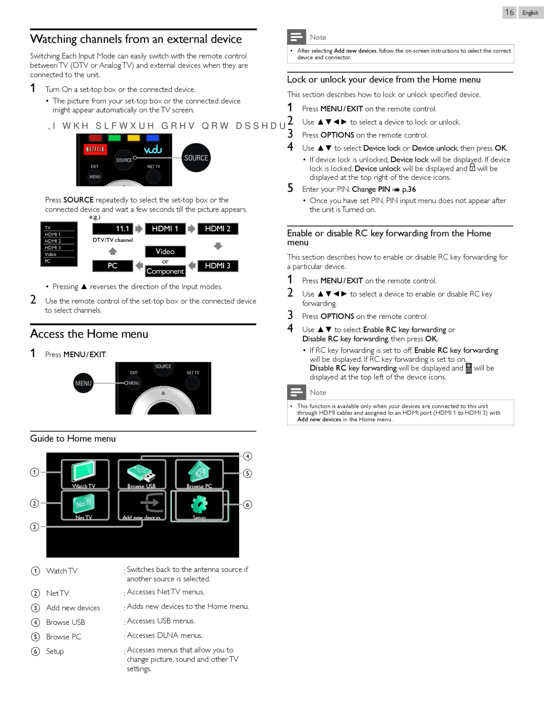 Philips 26PFL4907, 22PFL4907, 32PFL4907 Watching channels from an external device, Access the Home menu, Guide to Home menu 