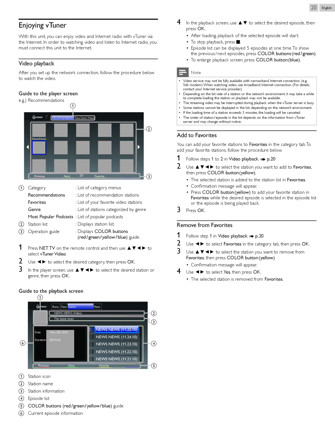 Philips 32PFL4907, 22PFL4907, 26PFL4907 user manual Enjoying vTuner, Video playback, Add to Favorites, Remove from Favorites 