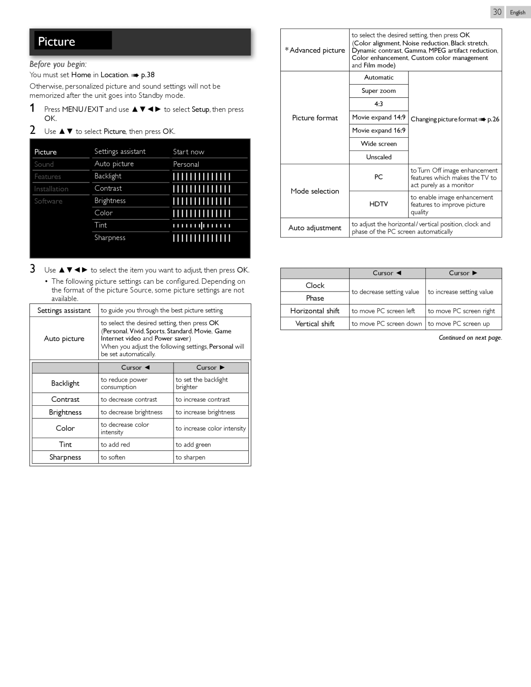 Philips 22PFL4907 You must set Home in Location. p, Picture Settings assistant Start now, Auto picture Personal, Tint 