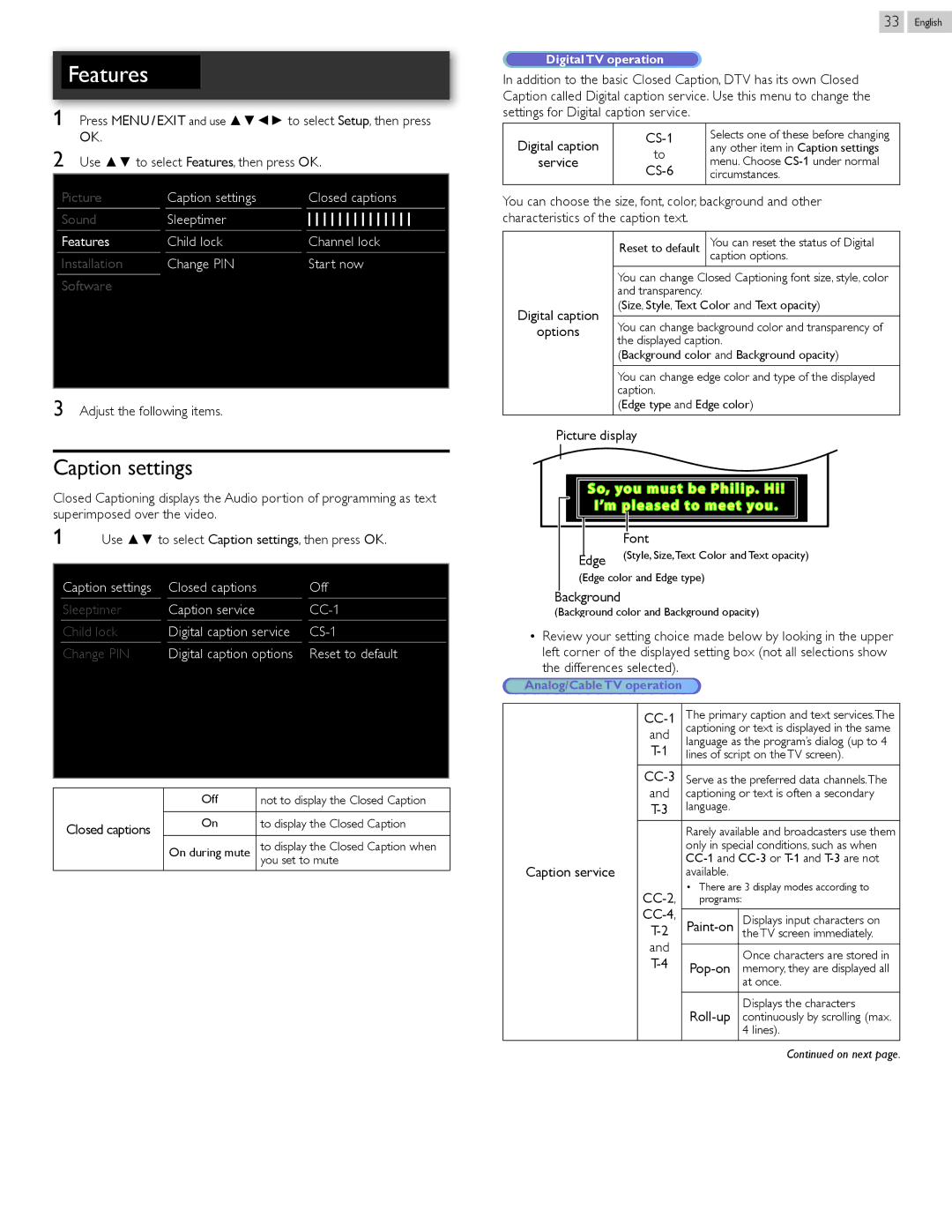 Philips 22PFL4907, 26PFL4907, 32PFL4907 user manual Caption settings 