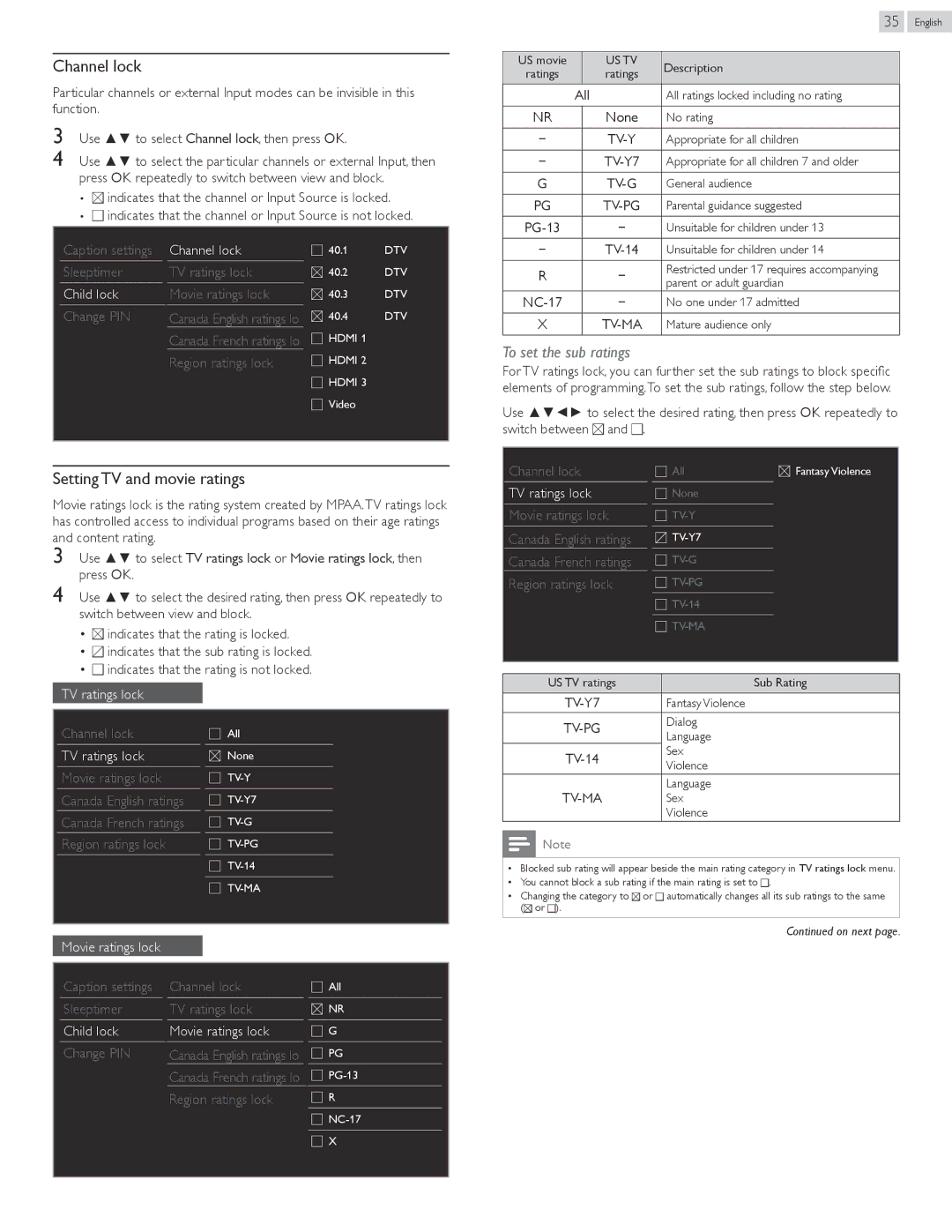 Philips 32PFL4907, 22PFL4907, 26PFL4907 Channel lock, Setting TV and movie ratings, Child lock Movie ratings lock, Tv-Ma 