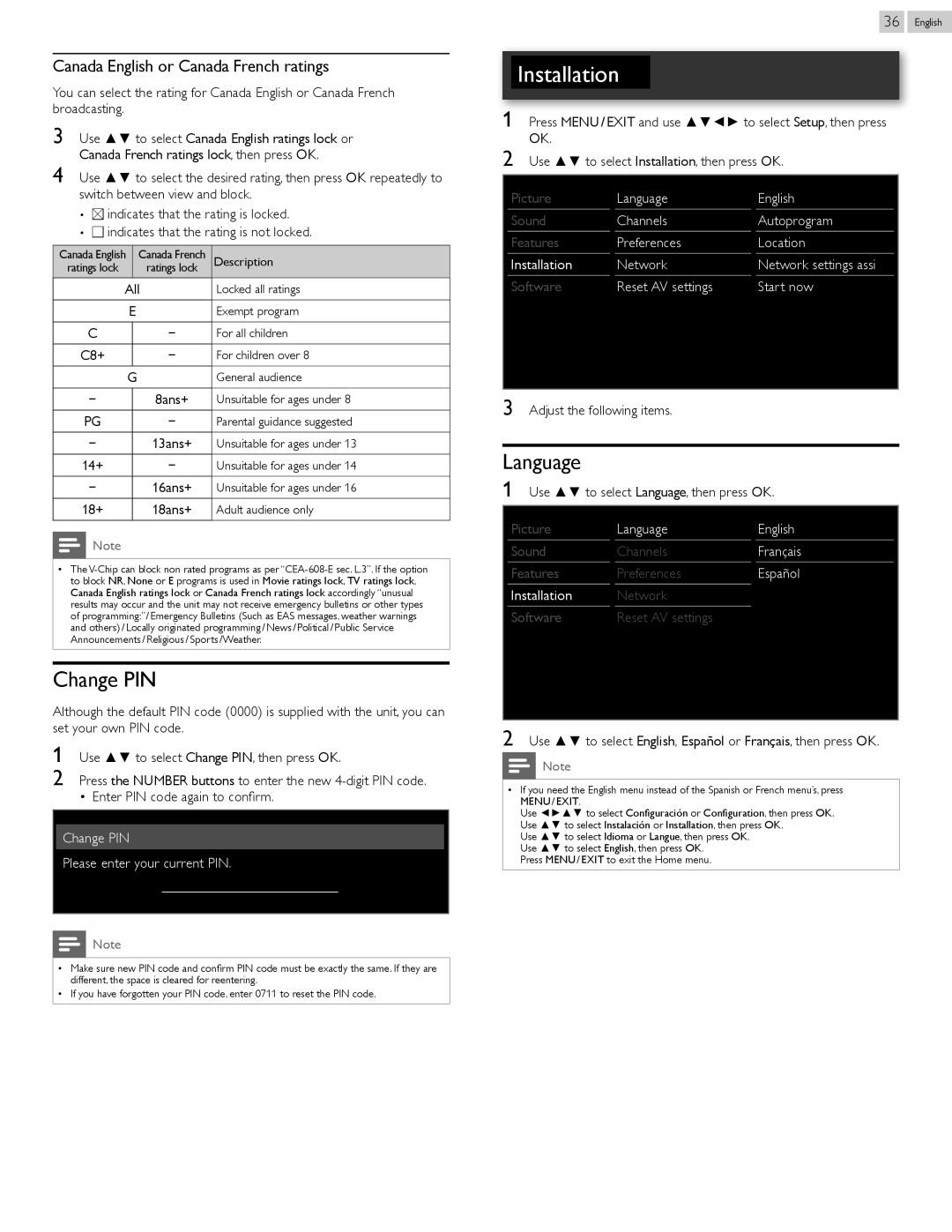 Philips 22PFL4907, 26PFL4907, 32PFL4907 user manual Change PIN, Language, Canada English or Canada French ratings 