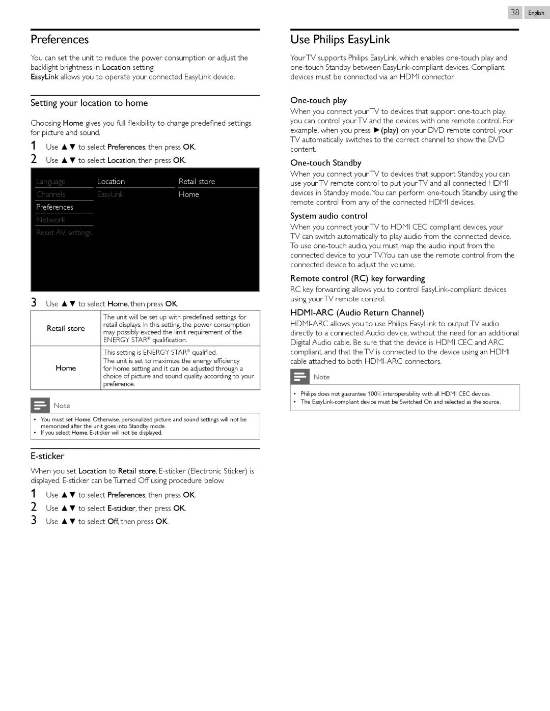 Philips 32PFL4907, 22PFL4907, 26PFL4907 user manual Preferences, Use Philips EasyLink, Setting your location to home, Sticker 