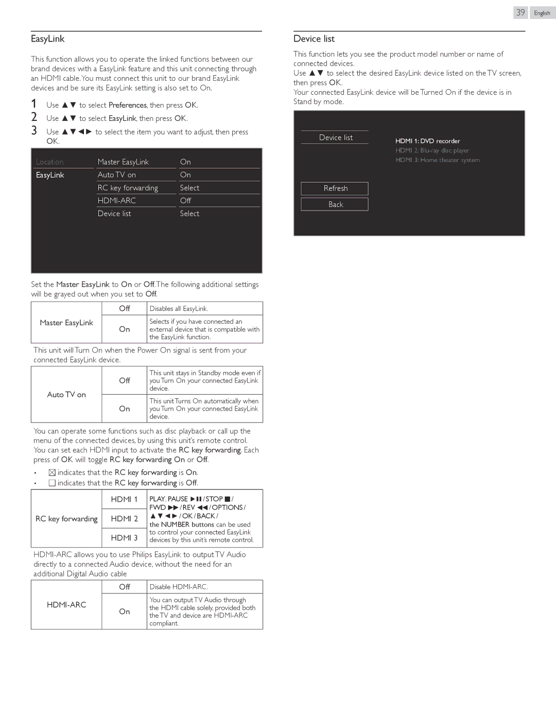 Philips 22PFL4907, 26PFL4907, 32PFL4907 user manual EasyLink, Device list, Hdmi-Arc 