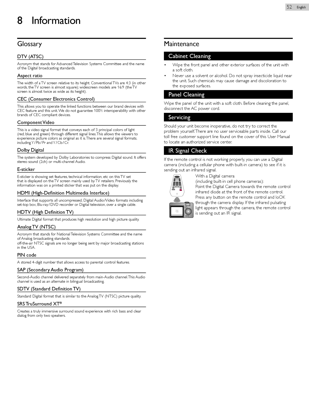 Philips 26PFL4907, 22PFL4907, 32PFL4907 user manual Information, Glossary, Maintenance 