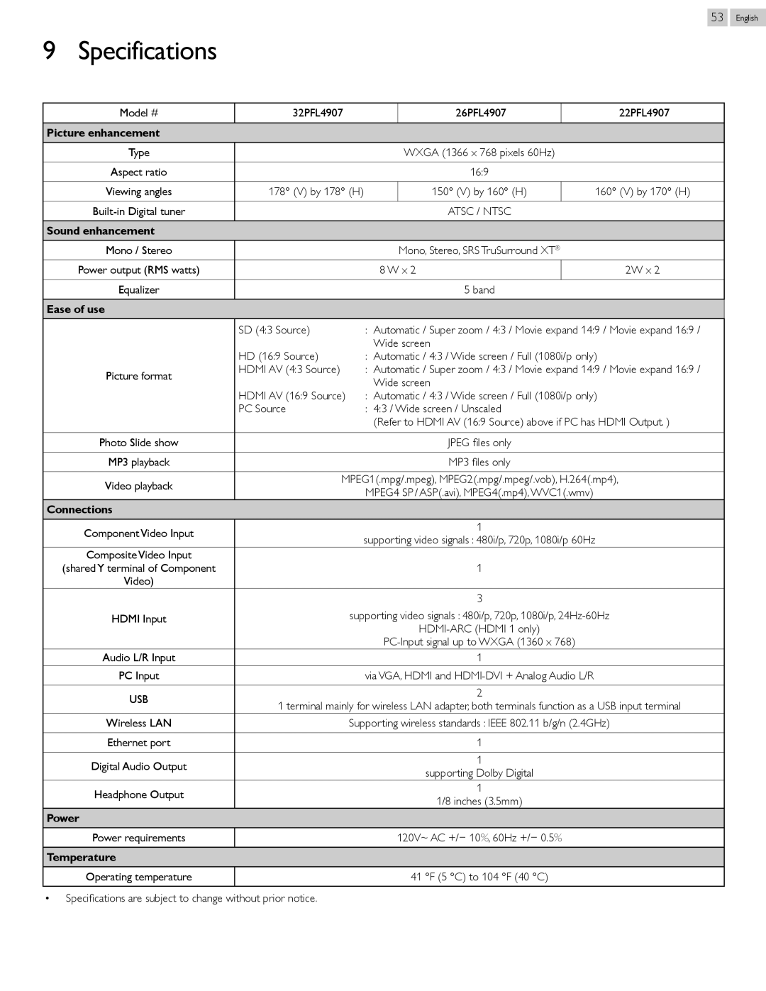 Philips 32PFL4907, 22PFL4907, 26PFL4907 user manual Specifications 