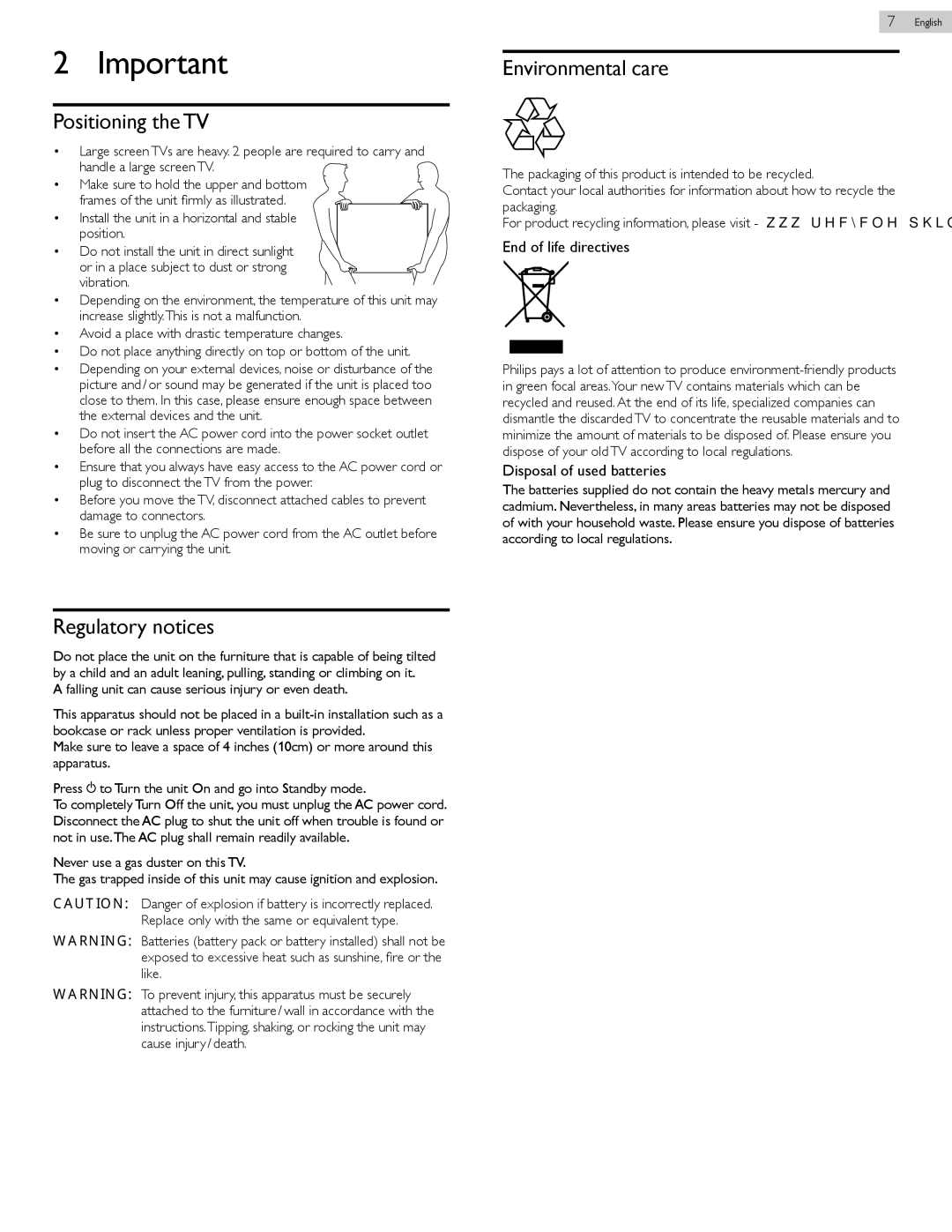 Philips 26PFL4907, 22PFL4907, 32PFL4907 Positioning the TV, Regulatory notices, Environmental care, End of life directives 