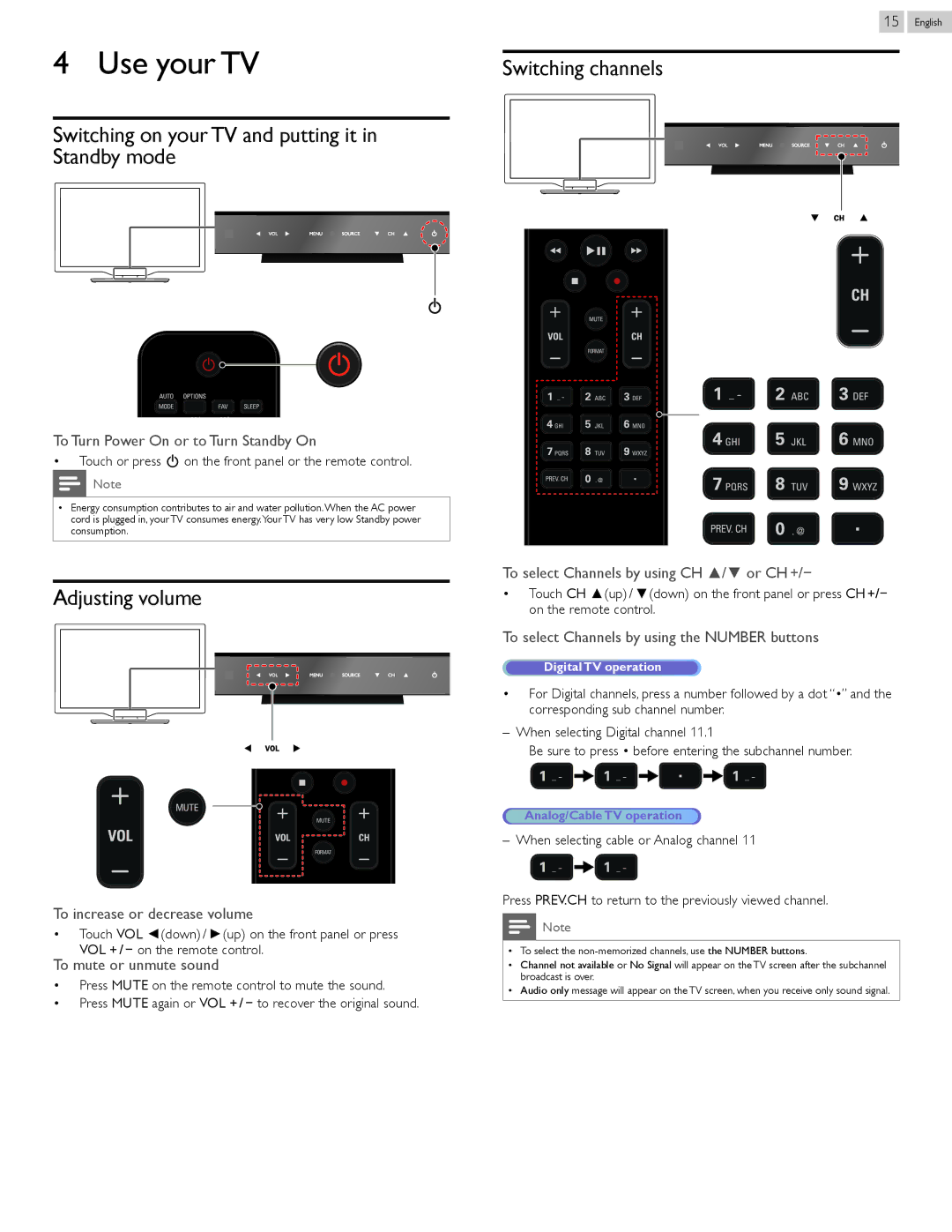 Philips 22PFL4907 Use your TV, Switching on your TV and putting it in Standby mode, Adjusting volume, Switching channels 