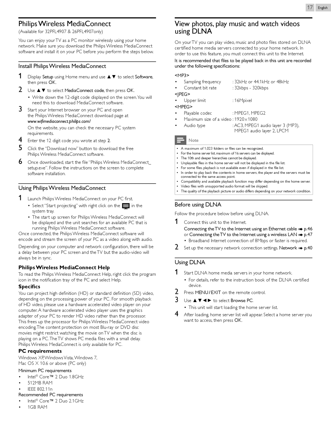 Philips 32PFL4907, 22PFL4907, 26PFL4907 Philips Wireless MediaConnect, View photos, play music and watch videos using Dlna 