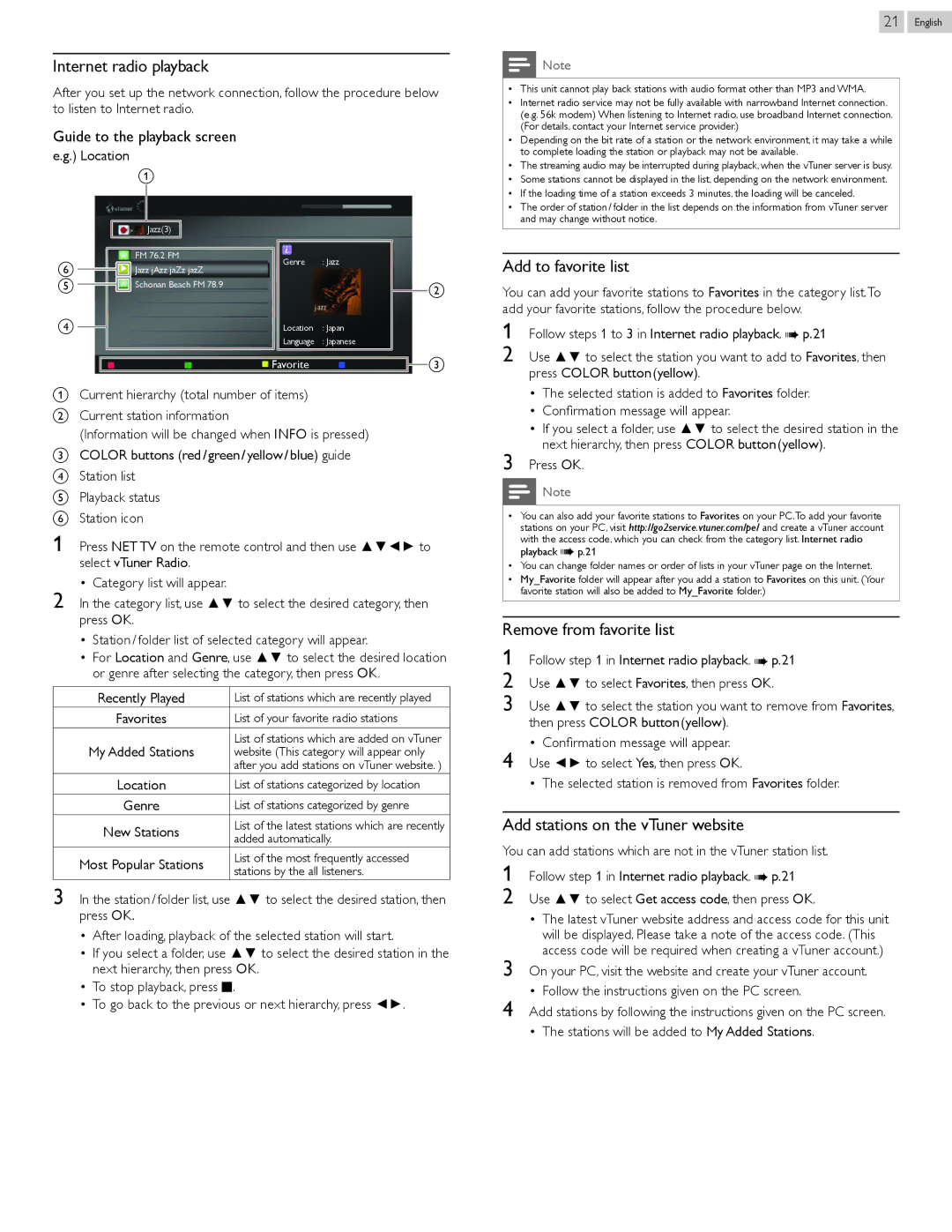 Philips 22PFL4907, 26PFL4907, 32PFL4907 user manual Internet radio playback, Add to favorite list, Remove from favorite list 