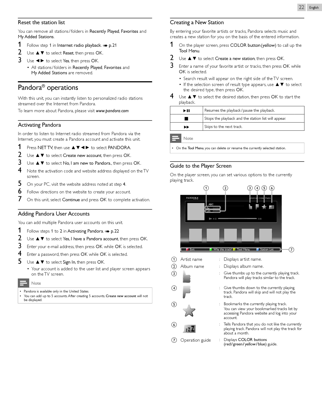 Philips 26PFL4907, 22PFL4907, 32PFL4907 user manual Pandora operations 