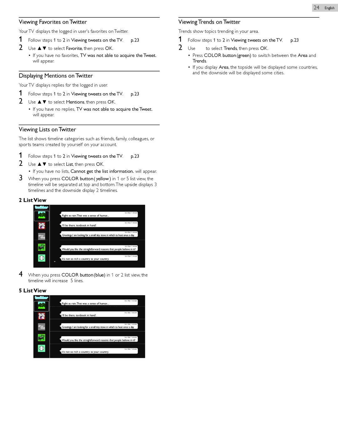 Philips 22PFL4907, 26PFL4907 Viewing Favorites on Twitter, Displaying Mentions on Twitter, Viewing Lists on Twitter 