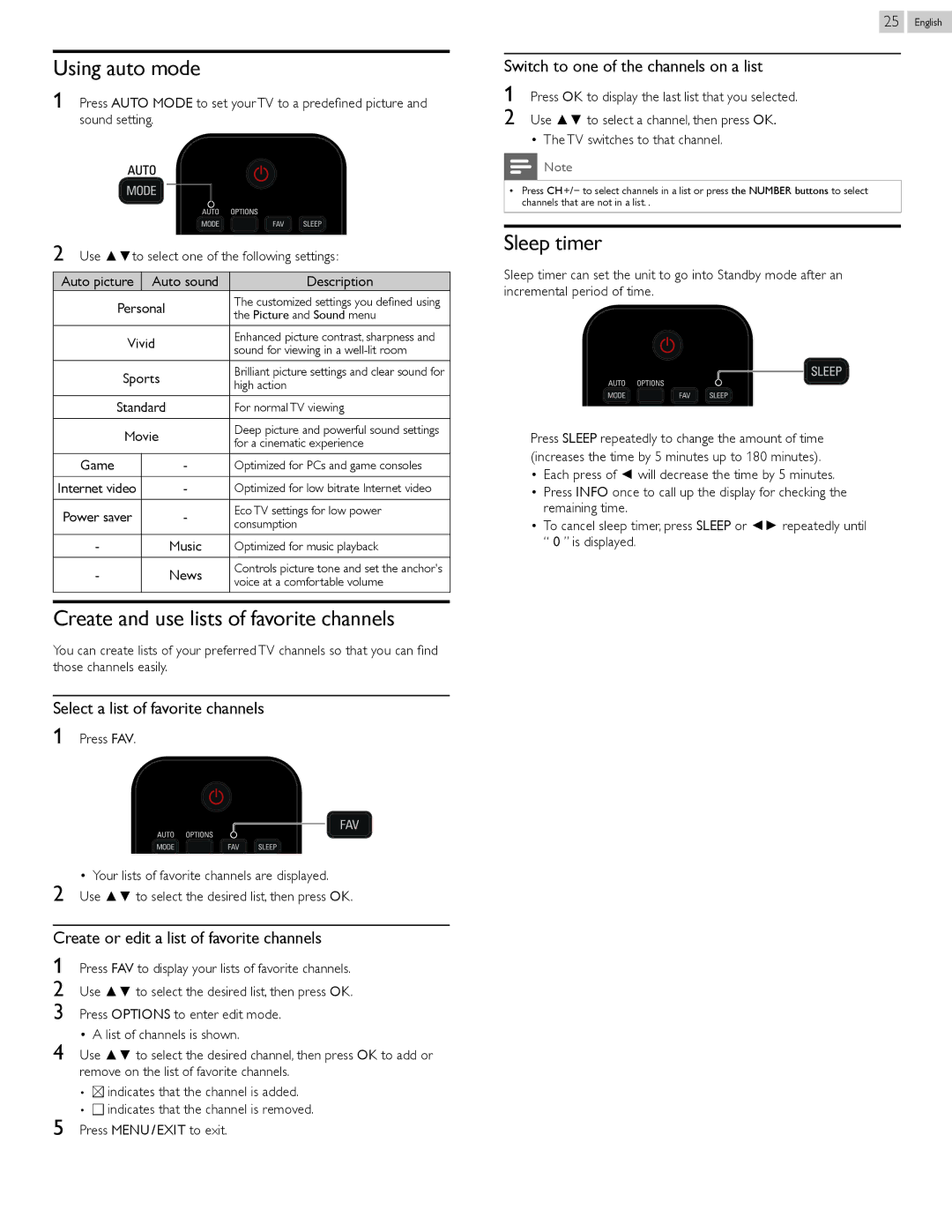 Philips 26PFL4907, 22PFL4907, 32PFL4907 user manual Using auto mode, Create and use lists of favorite channels, Sleep timer 