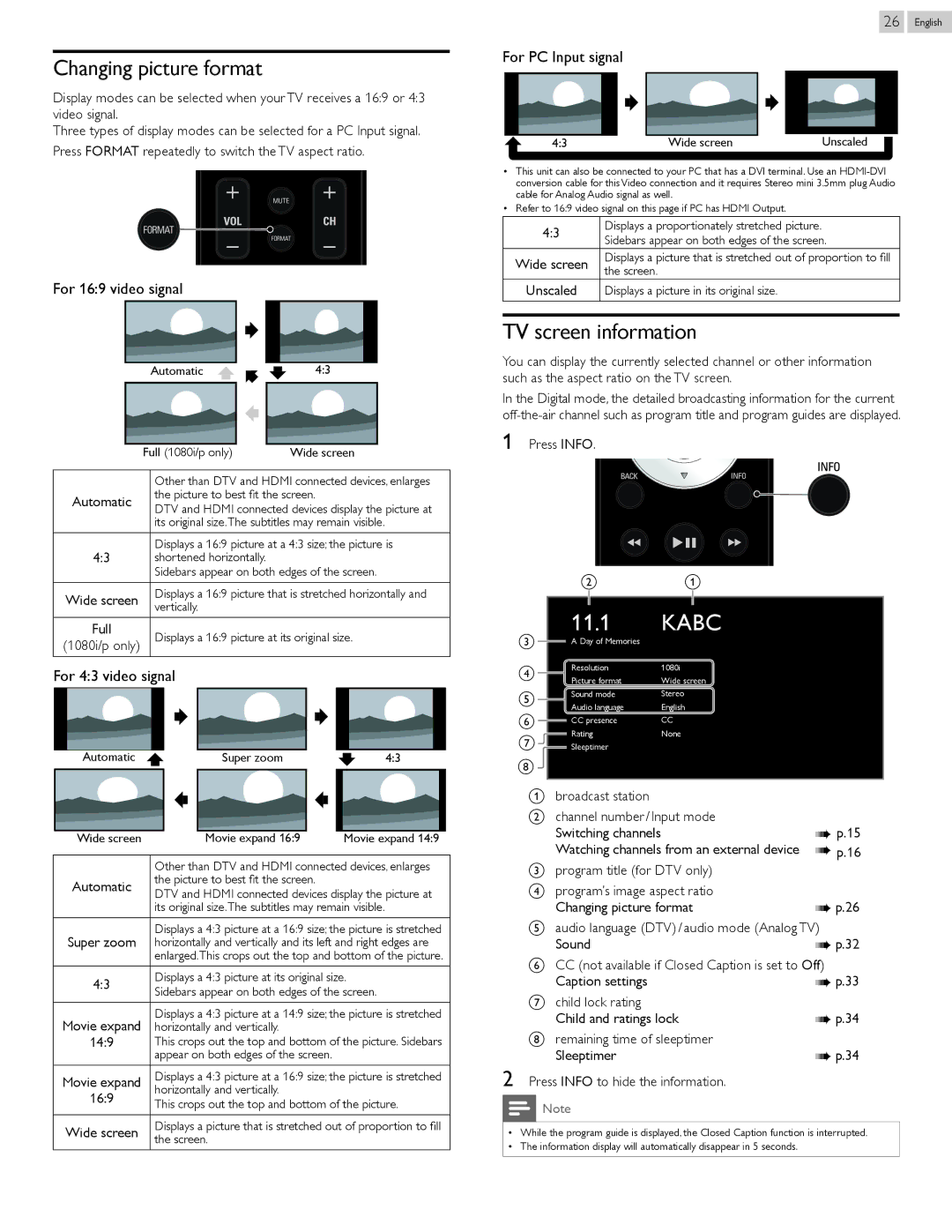 Philips 32PFL4907, 22PFL4907 Changing picture format, TV screen information, For PC Input signal, For 169 video signal 