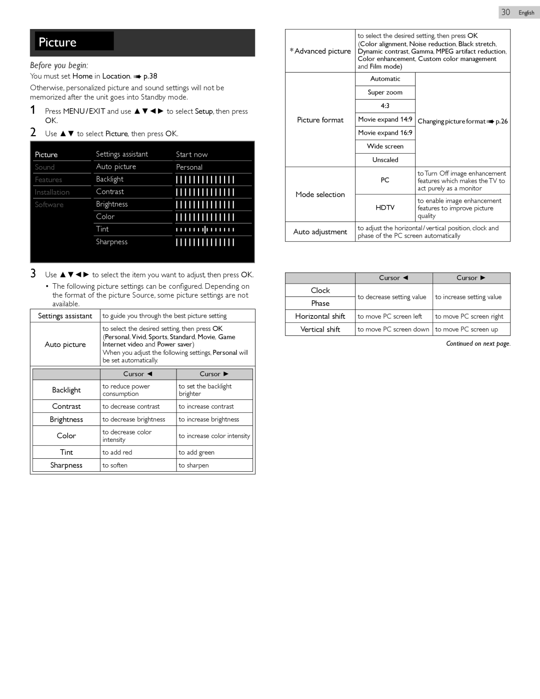 Philips 22PFL4907 You must set Home in Location. p, Picture Settings assistant Start now, Auto picture Personal, Tint 