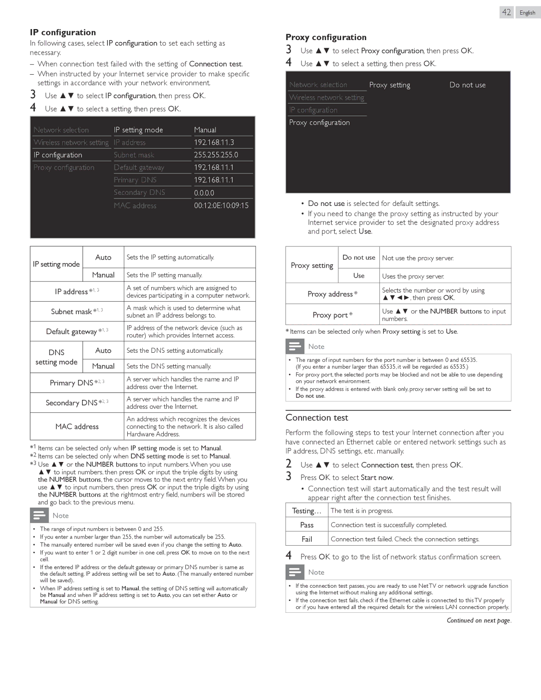 Philips 22PFL4907, 26PFL4907, 32PFL4907 user manual Connection test, IP configuration 