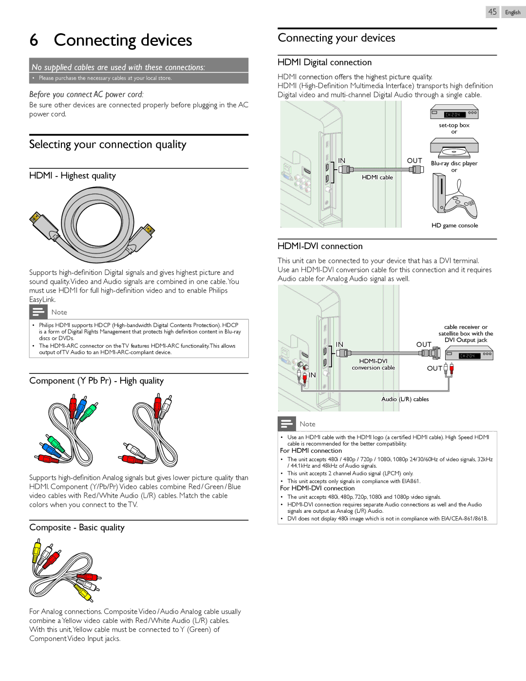 Philips 22PFL4907, 26PFL4907, 32PFL4907 Connecting devices, Selecting your connection quality, Connecting your devices 